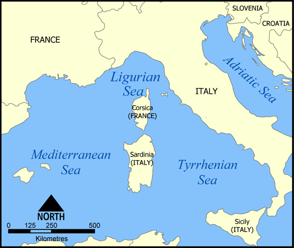 harta marea ligurica, mediterana si tireniana